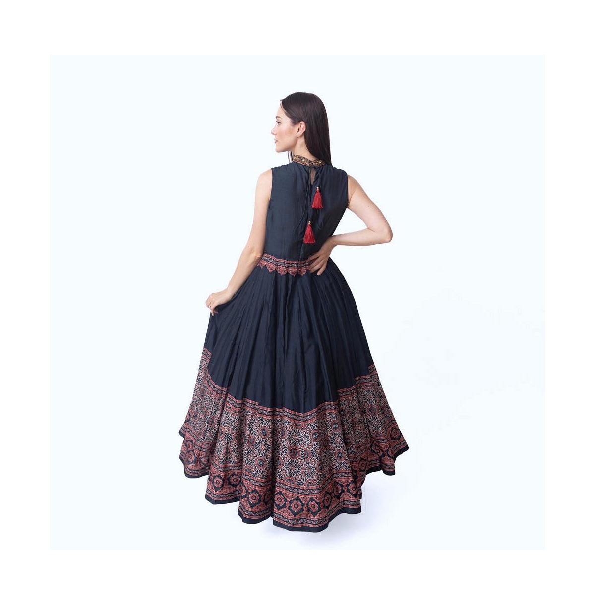 Raas Women's Black Gown with Ajrakh Print and Hand Embroidered Torso