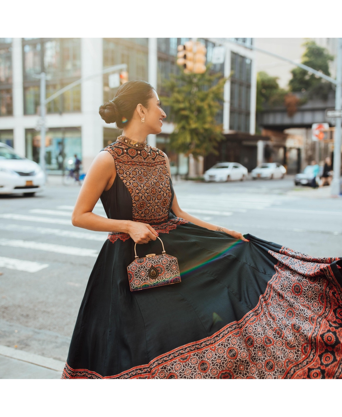 Raas Women's Black Gown with Ajrakh Print and Hand Embroidered Torso