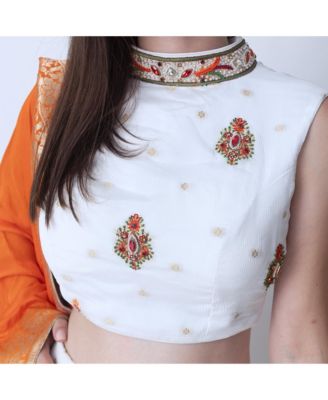 Women's White Lehenga With Embroidered High Neck Choli and Multicolor Dupatta