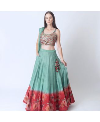 Women's Mint Green Lehenga Choli Set with Shaded Floral Patchwork Skirt and Mirror Work Blouse
