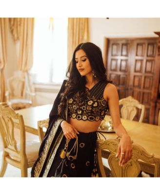 Women's Blue and Gold Hand Embroidered Raw Silk Lehenga Choli