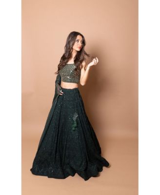Women's Green Lehenga with Chikankari Embroidery and Hand Embroidered Blouse with Mirror Work