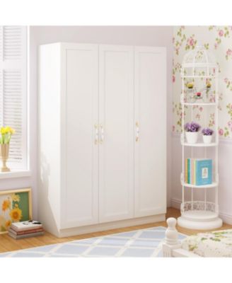 White 3-Doors Armoires Wardrobe with Hanging Rod and Storage Cubes