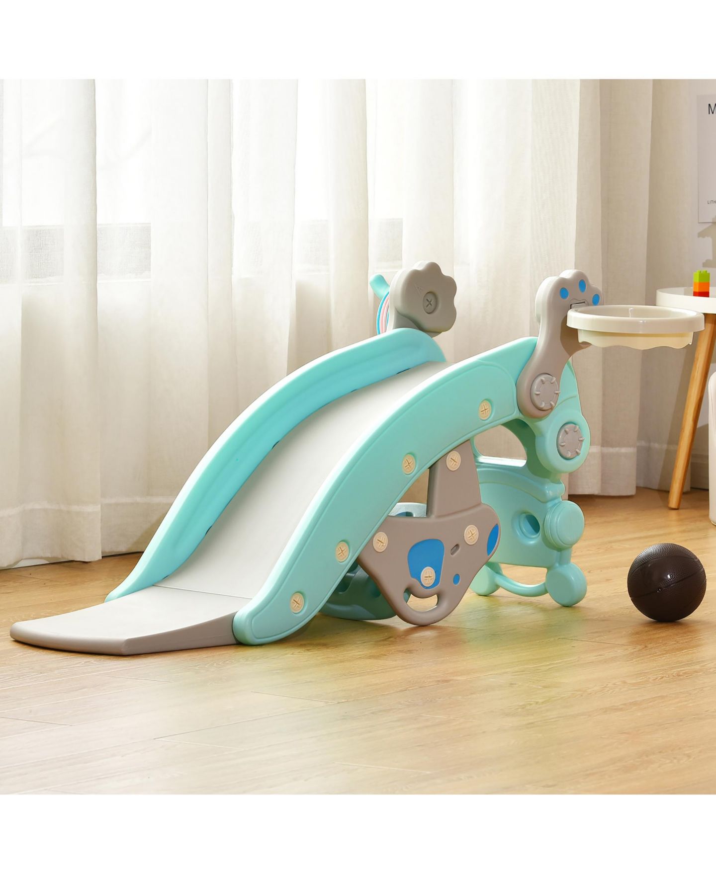 Детские игрушки Costway 4-in-1 Rocking Horse & Slide Set, Hdpe, with Basketball Hoop and Ring Toss, Ages 1-5, цвет: Синий — фото 5