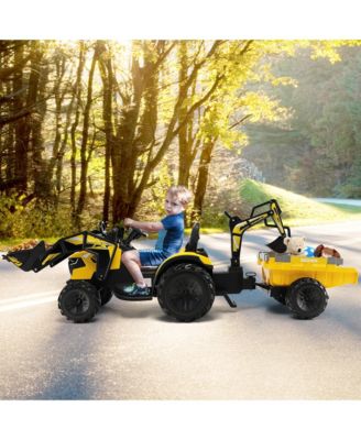 3-in-1 Kids Ride On Excavator Bulldozer 12V Electric Tractor Remote w/ Trailer Yellow