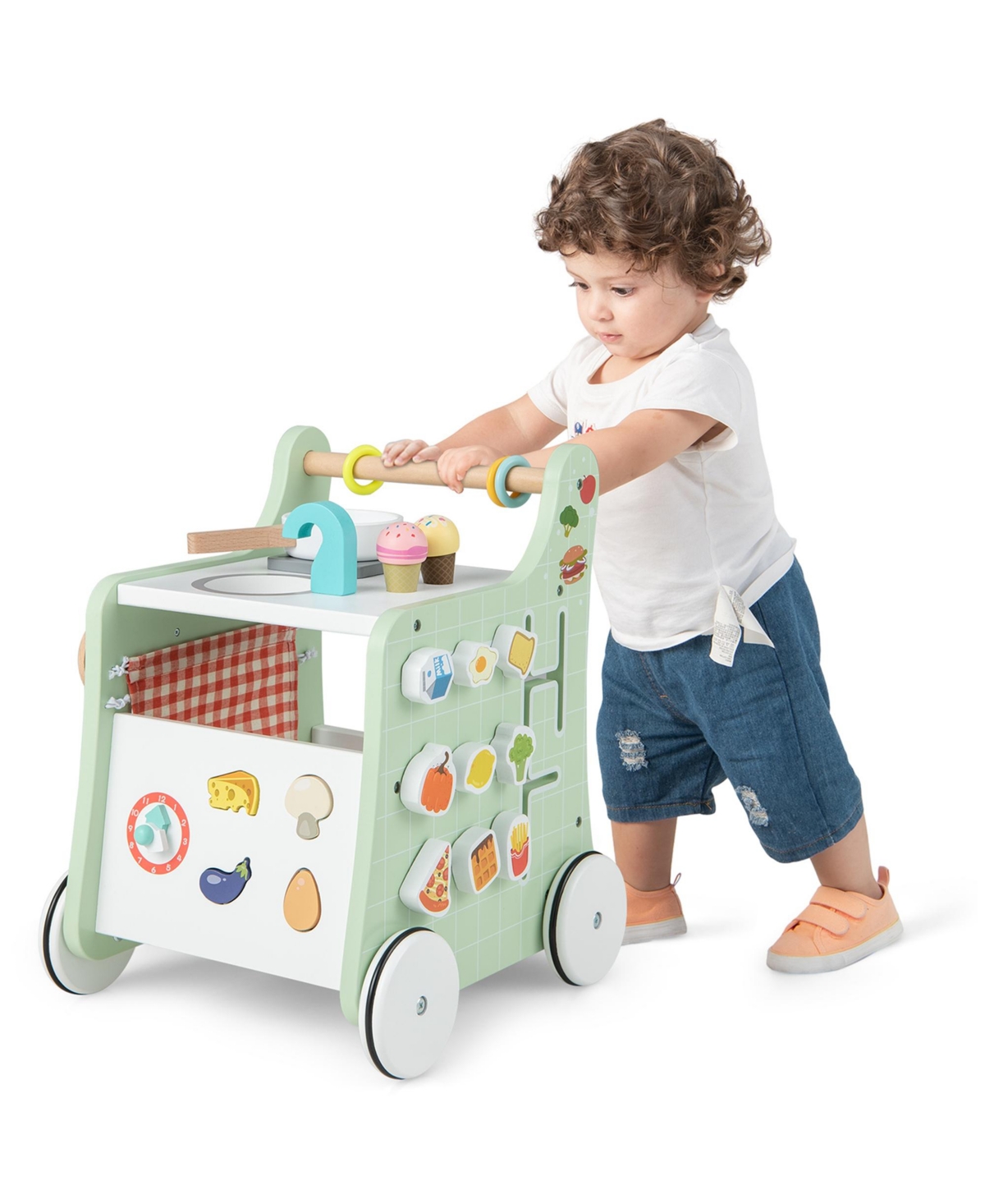 Costway 6-in-1 Baby Push Walker Wooden Strollers Learning Activity Center Toy with Kitchen