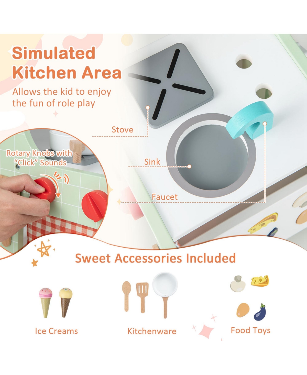 Costway 6-in-1 Baby Push Walker Wooden Strollers Learning Activity Center Toy with Kitchen