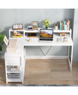 55-inches Reversible L Shaped Desk with Drawer, Modern White L Corner Desk Home Office Table, Wooden and Metal PC Desk