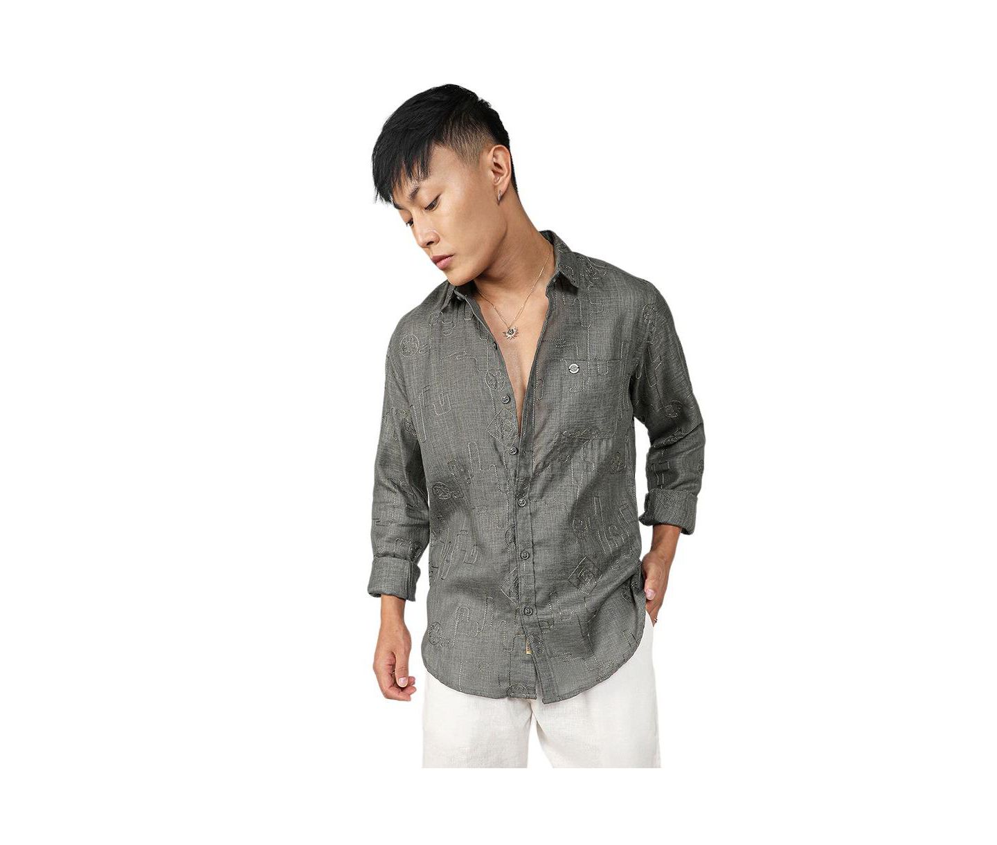 Мужская рубашка Cahoot Campus Sutra Olive Green Embroidered One-Lined — фото 1