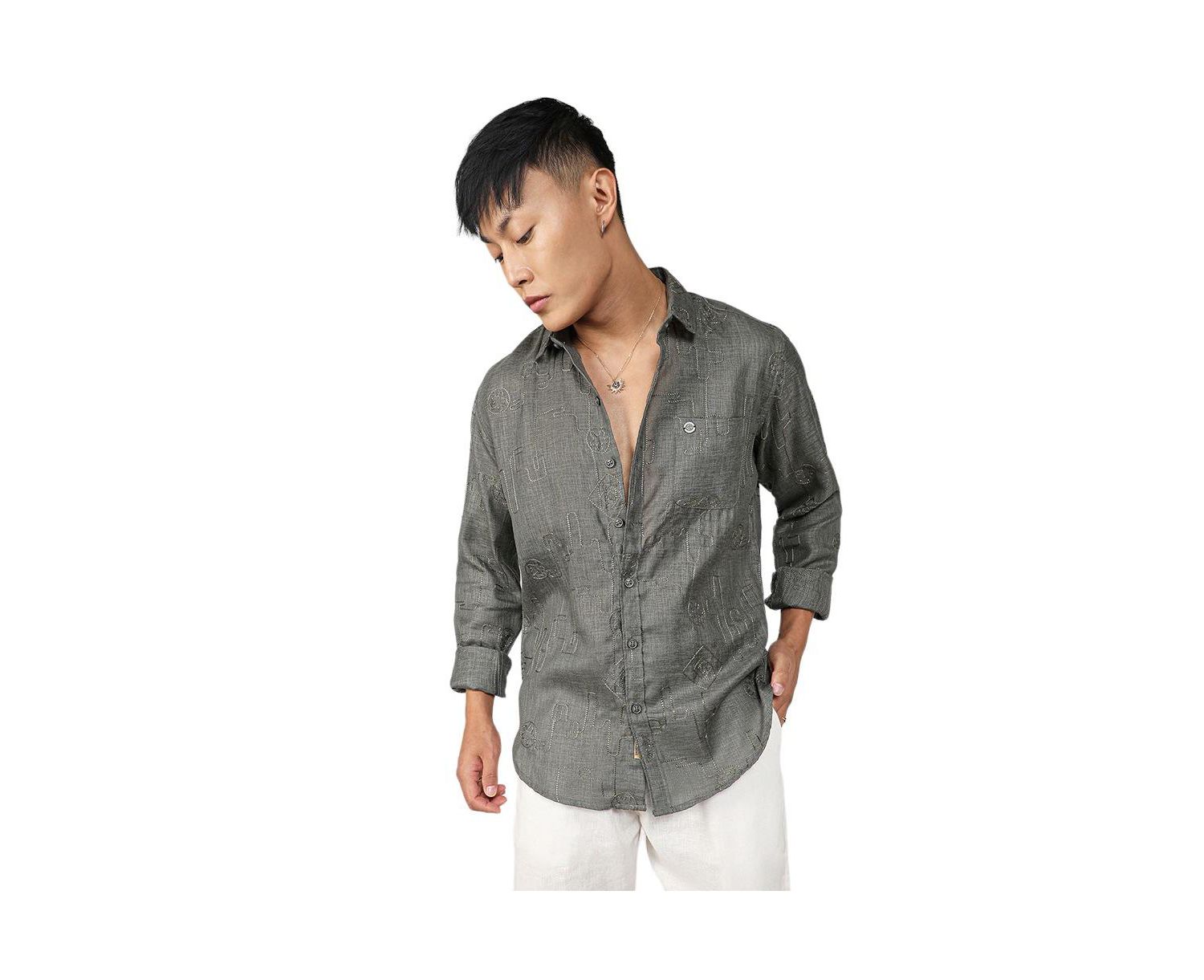 Men's Olive Green Embroidered One-Lined Shirt