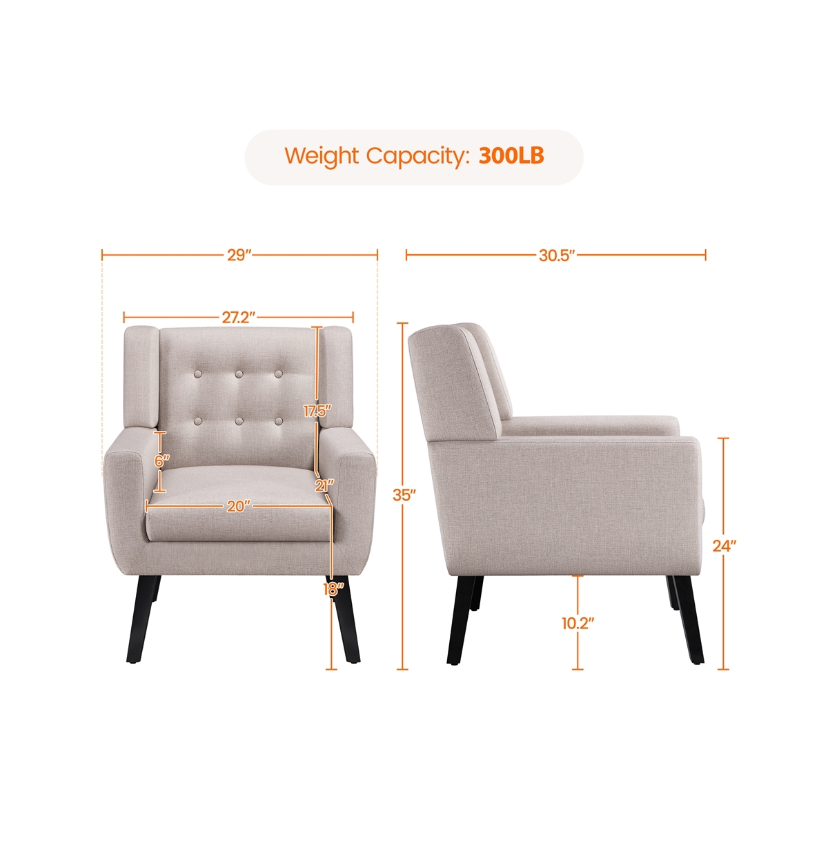 Yaheetech Linen Fabric Upholstered Button Tufted Armchair with Solid Wood Legs with Thick Removable Seat Cushion,- Beige