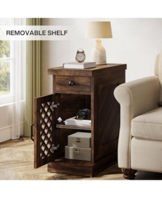 End Table Set of 2, Narrow Side Table with Drawer and Cabinet, Farmhouse Nightstand Sofa End Table for Small Space, Living Room, Bedroom, Vintage Brown