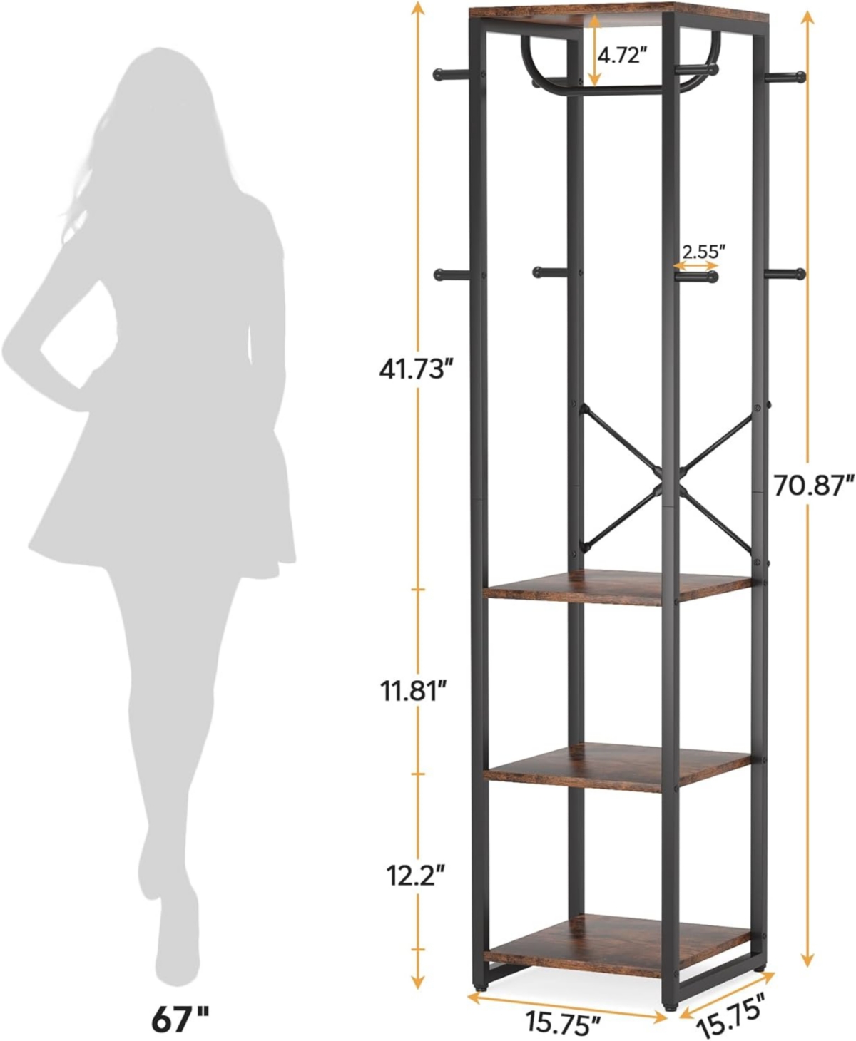 Tribesigns Coat Rack Freestanding with Shelves, Industrial Hall Tree with 4 Shelves and 8 Hooks, Standing Small Clothes Rack Closet Organizer