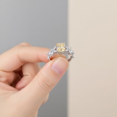 Sterling Silver Canary Yellow & White Cubic Zirconia Radiant Leaf Trellis Cluster Statement Ring