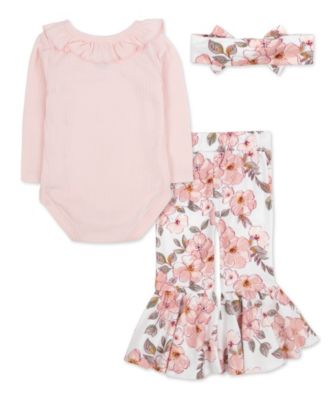 Baby Girl Bodysuit, Floral Bell Bottom Pant & Headband, 3-Piece Set