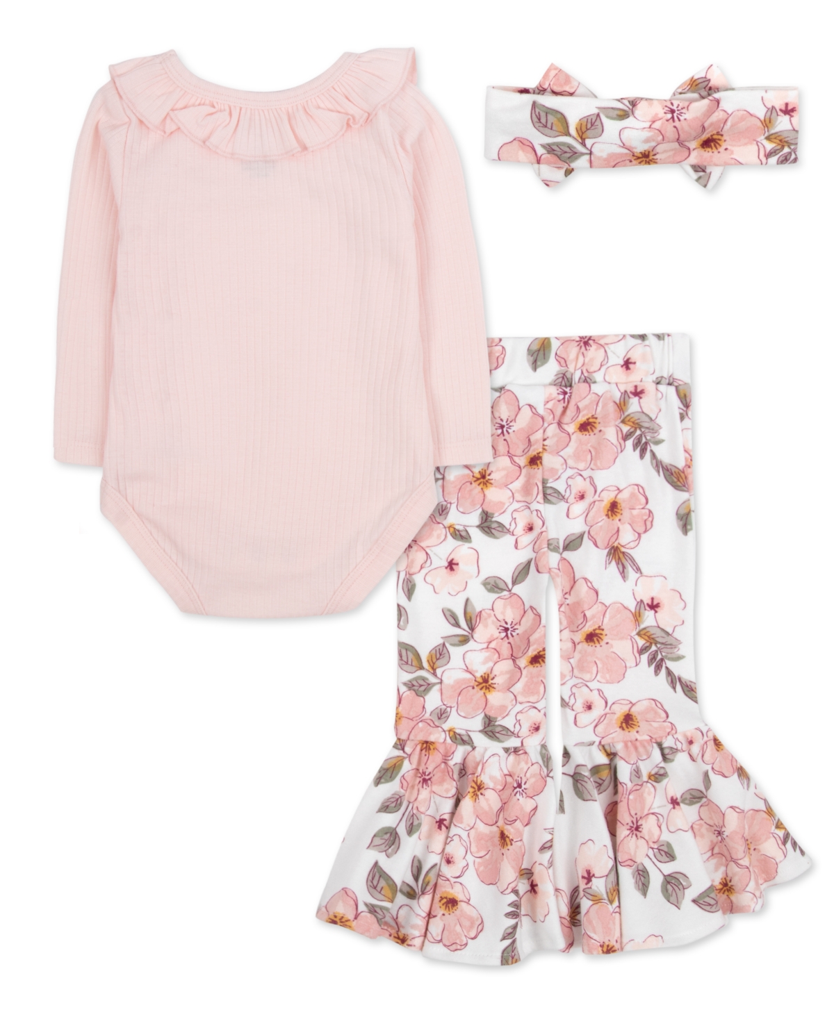 Baby Essentials Girl Bodysuit, Floral Bell Bottom Pant & Headband, 3-Piece Set