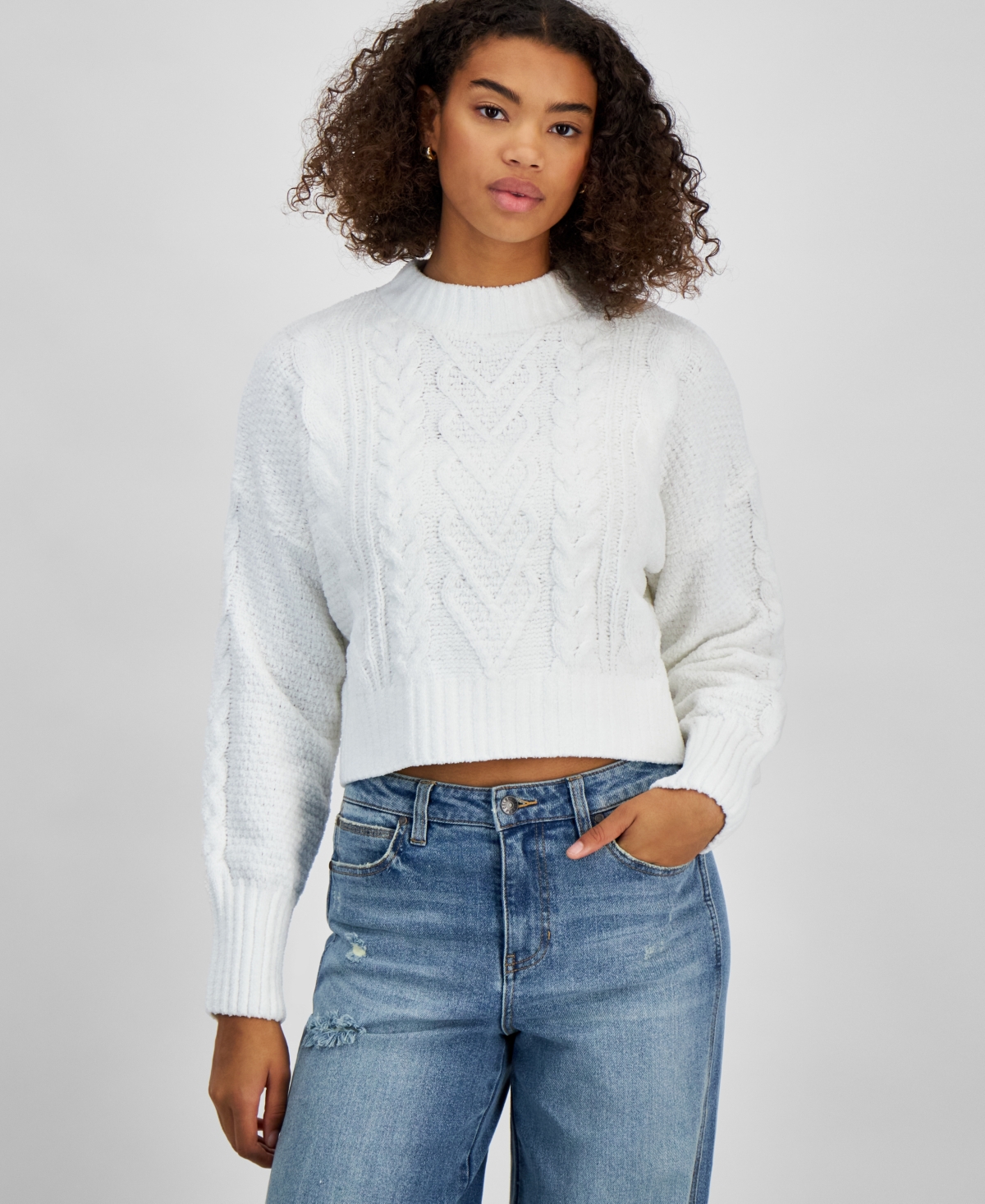 Juniors' "Soft & Cozy" Chenille Heart Cable-Knit Mockneck Sweater - Lavender Haze