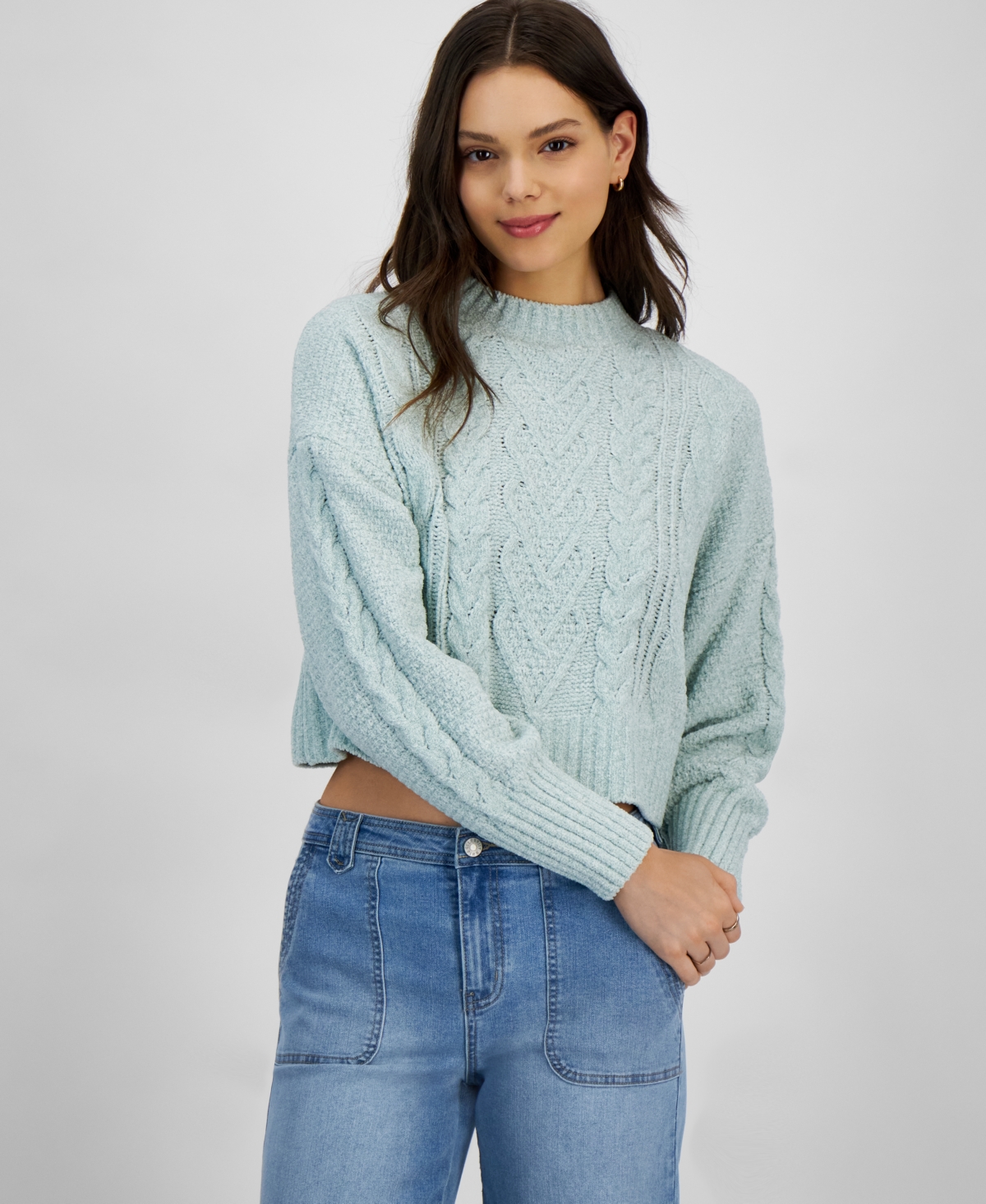 Juniors' "Soft & Cozy" Chenille Heart Cable-Knit Mockneck Sweater - Lavender Haze