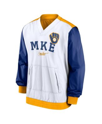 Men's White/Gold Milwaukee Brewers Rewind Warmup V-Neck Pullover Jacket