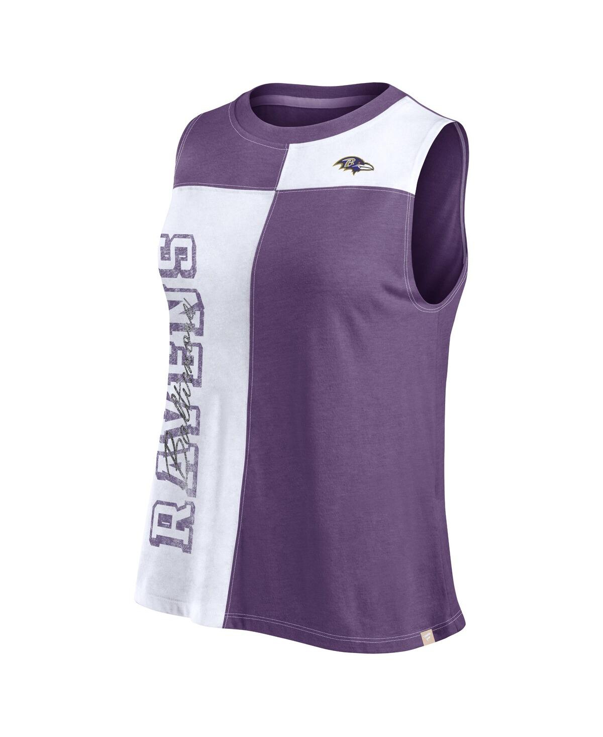 Fanatics Women's Purple/white Baltimore Ravens Script Color Block Tank Top In Purple,white