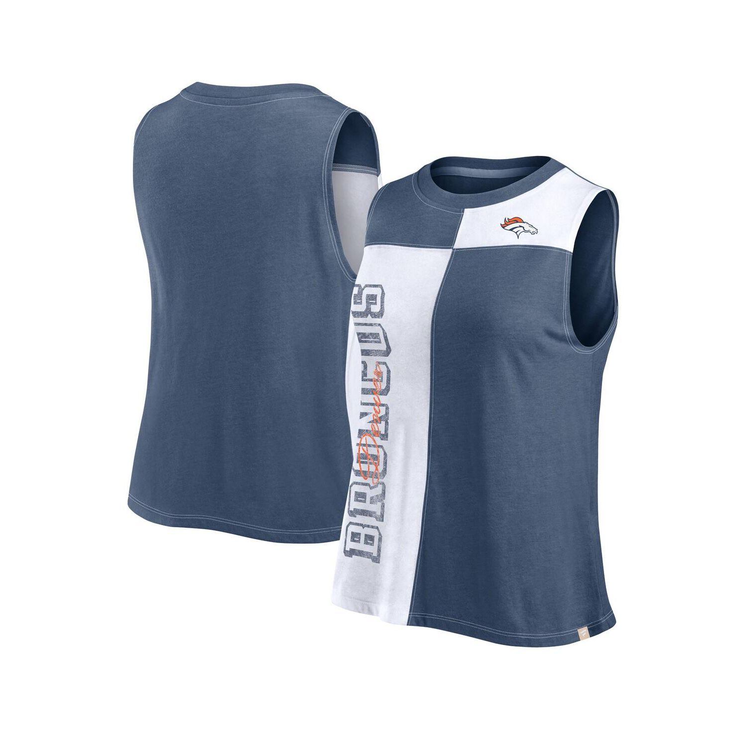 Women's Navy/White Denver Broncos Script Color Block Tank Top