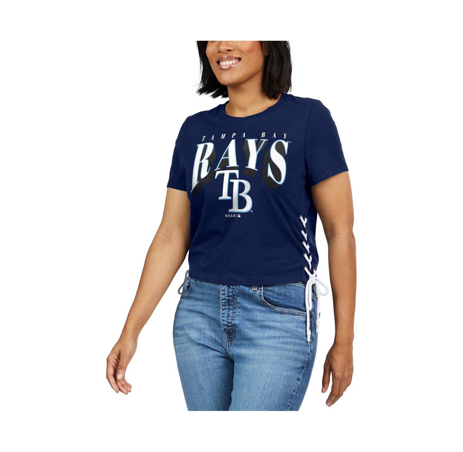 Women's Navy Tampa Bay Rays Side Lace-Up Cropped T-Shirt