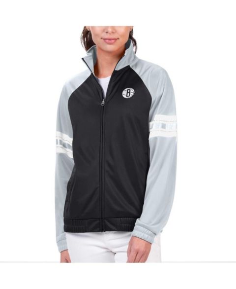 Женские куртки G-III 4Her by Carl Banks Women's Black Brooklyn Nets Main Player Raglan Rhinestone Full-Zip Track Jacket