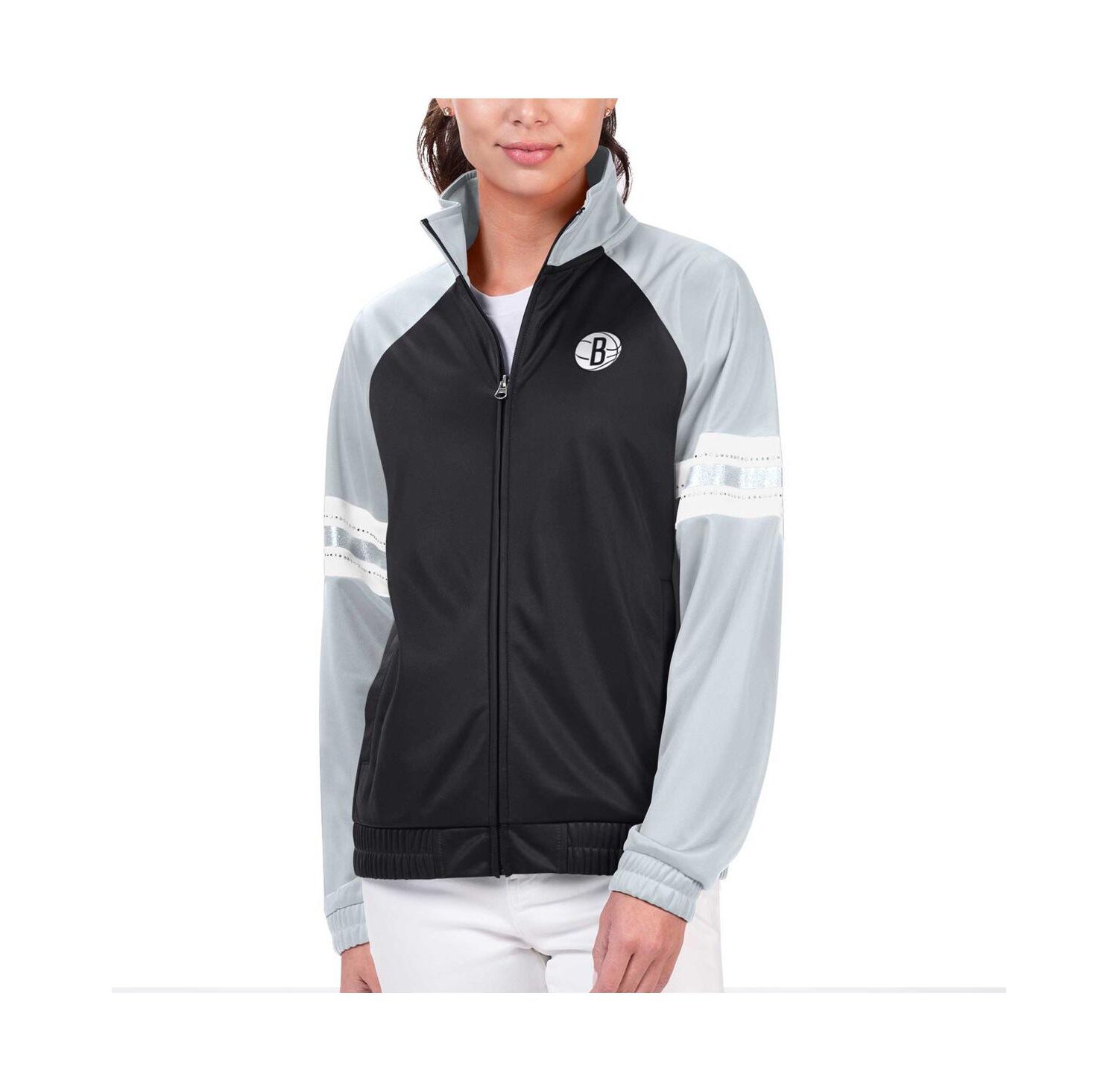 Women's Black Brooklyn Nets Main Player Raglan Rhinestone Full-Zip Track Jacket