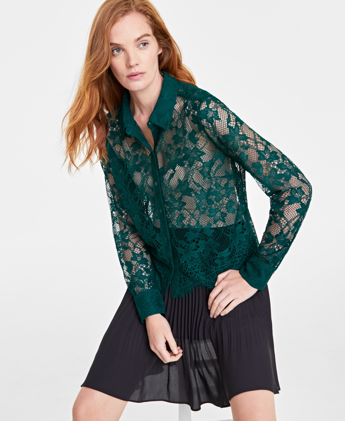 On 34th Women's Lace Button-front Long-sleeve Shirt, Created For Macy's In Dark Fores