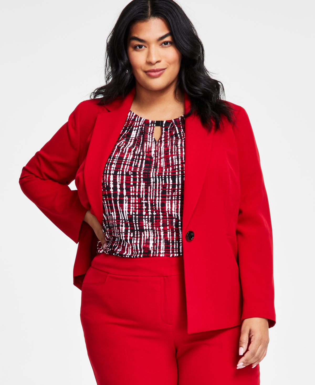 Kasper Plus Size Stretch Crepe One-button Blazer In Fire Red