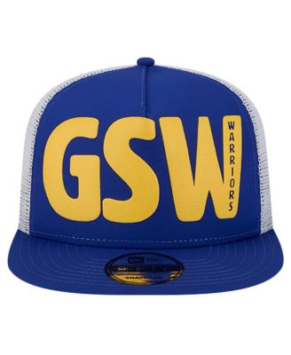 Men's Royal Golden State Warriors Puff Print Team Code A-Frame 9FIFTY Trucker Snapback Hat