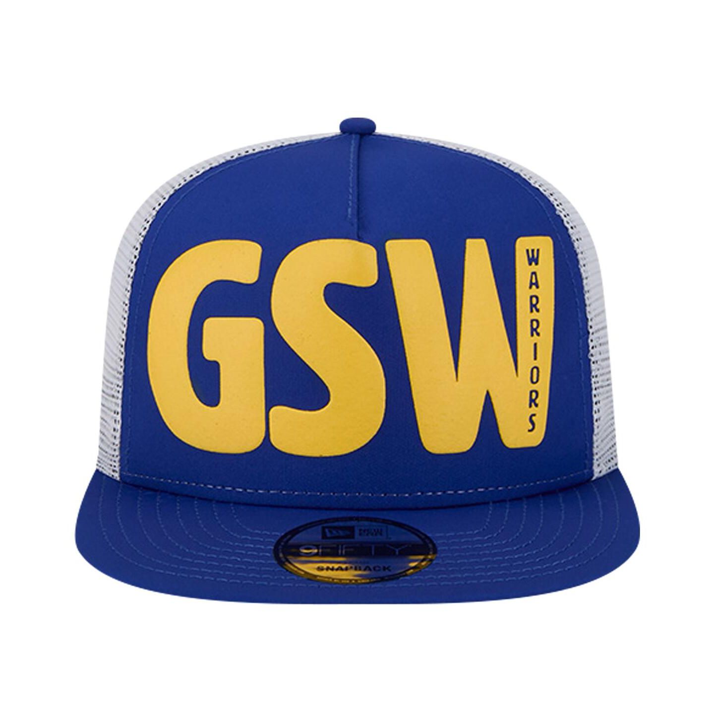 Мужская кепка New Era Royal Golden State Warriors Puff Print Team Code A-Frame 9FIFTY Trucker Snapback Hat — фото 2