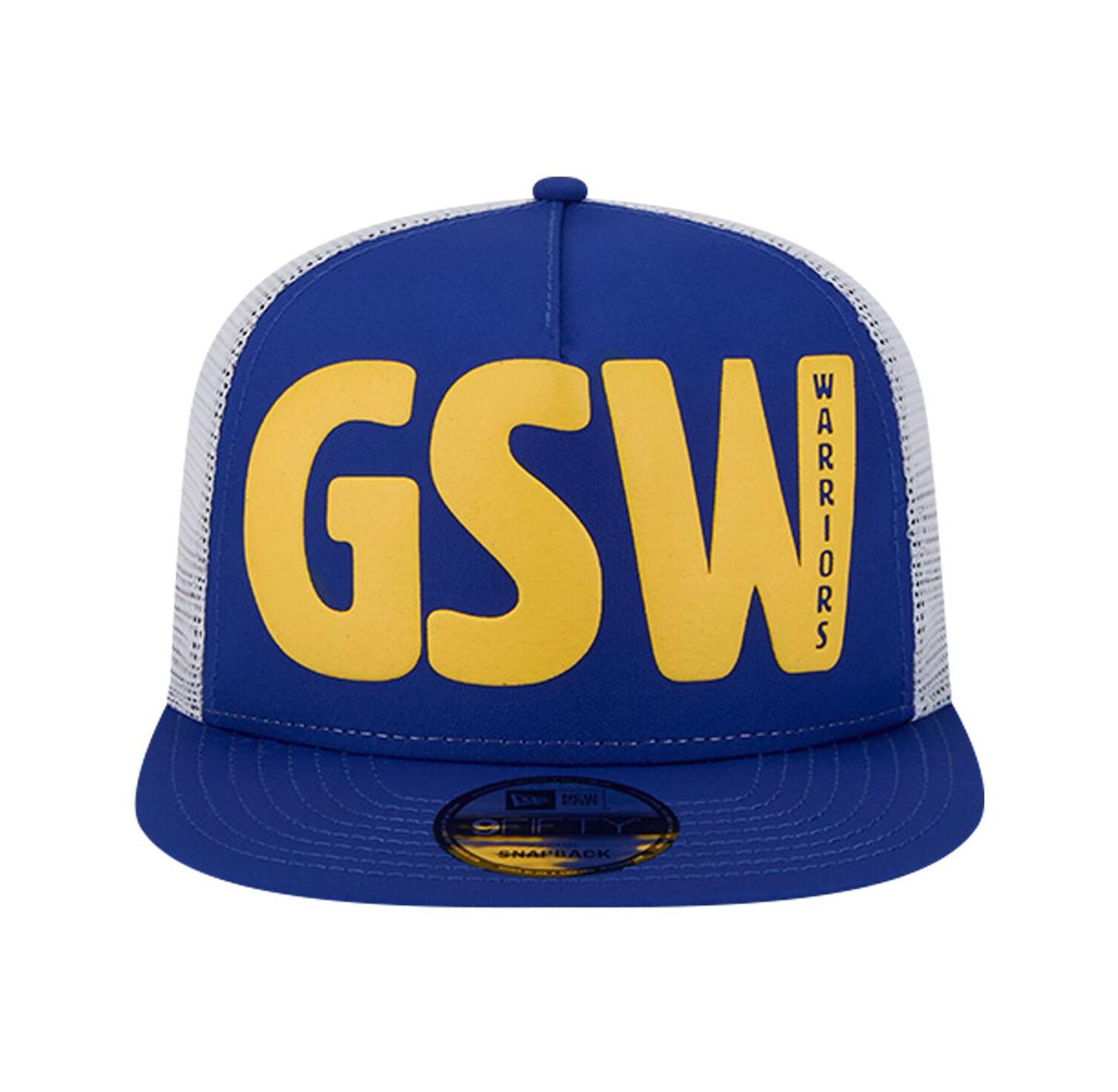 Men's Royal Golden State Warriors Puff Print Team Code A-Frame 9FIFTY Trucker Snapback Hat