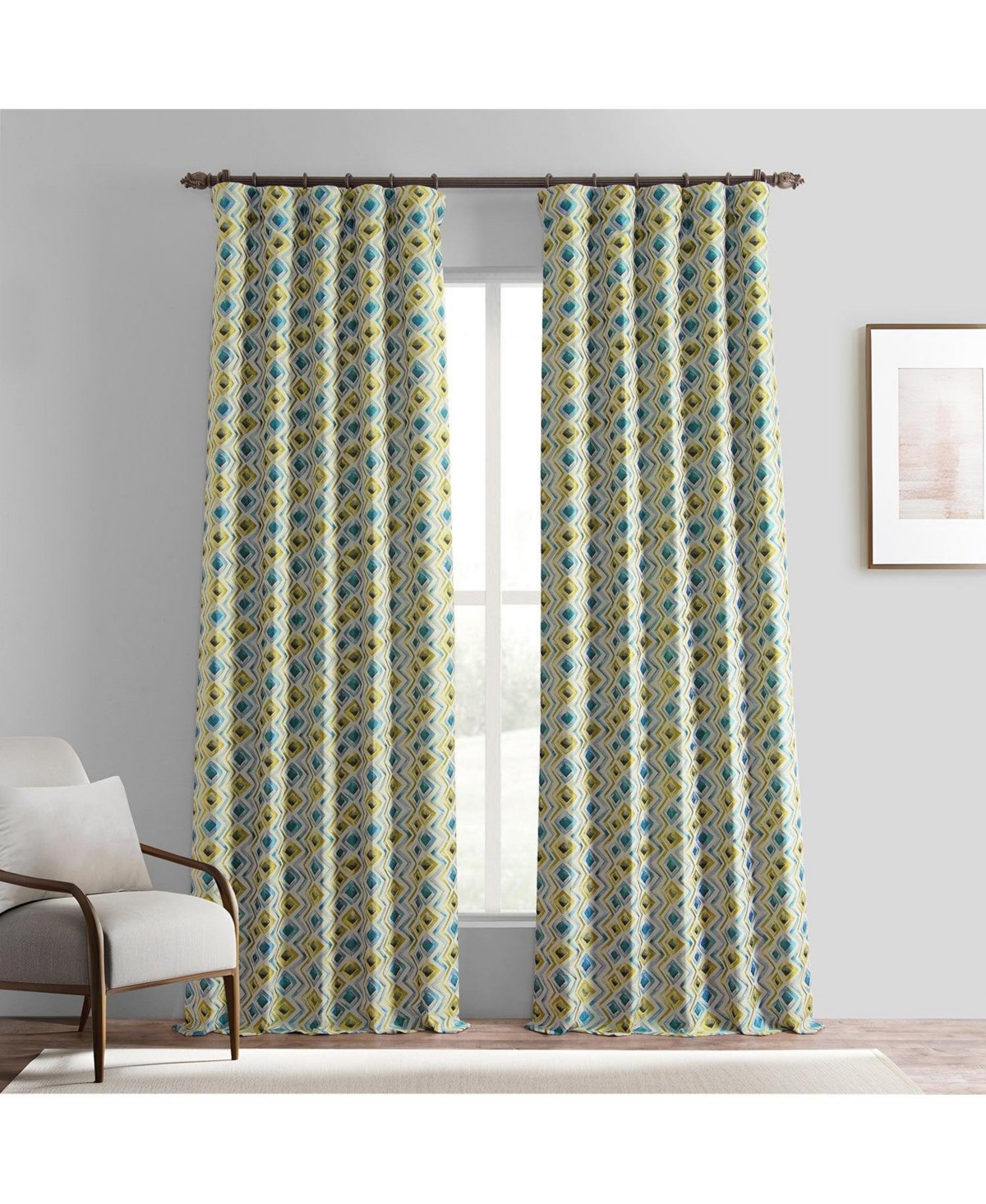 Zanni Multi Blue Green Geometric Faux Silk Jacquard Room Darkening Curtain - Green