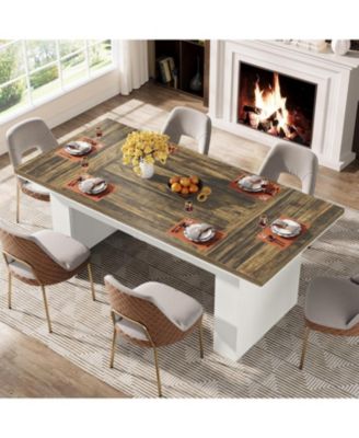 63" Farmhouse Dining Table for 4-6 People, Rectangle Kitchen Table Dining Room Table, Wood Family Dinner Table, Brown and White