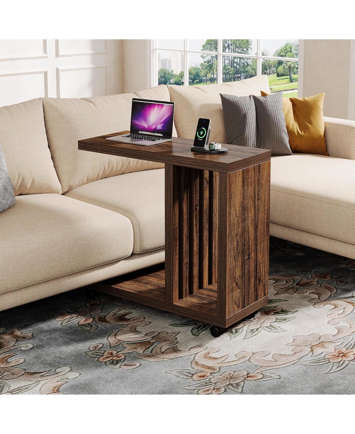 Tribesigns C-Shaped End Table, 2-Tier Side Table for Couch and Bed, Couch Table with Lockable Wheels, Wood Bedside Table for Living Room, Bedroo