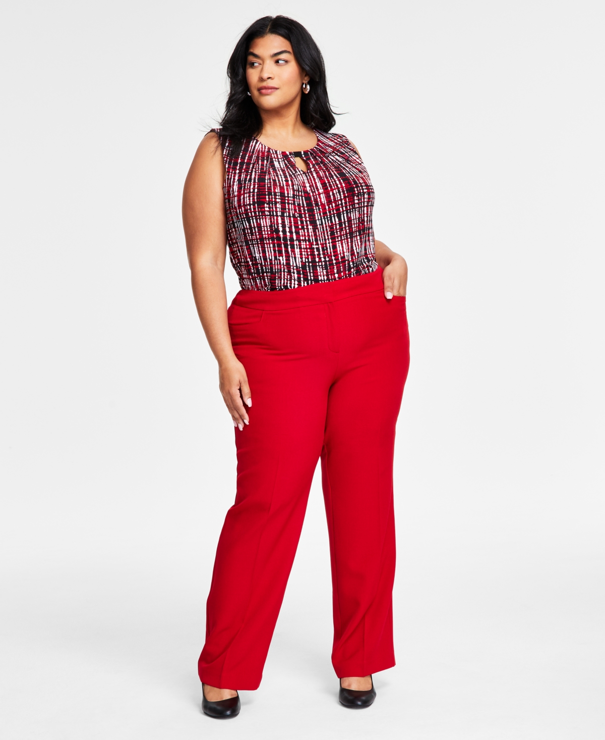 Plus Size Stretch Crepe Fly-Front Straight-Leg Pants - Fire Red