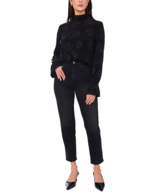 Women's Beaded Draped Mock Neck Blouse