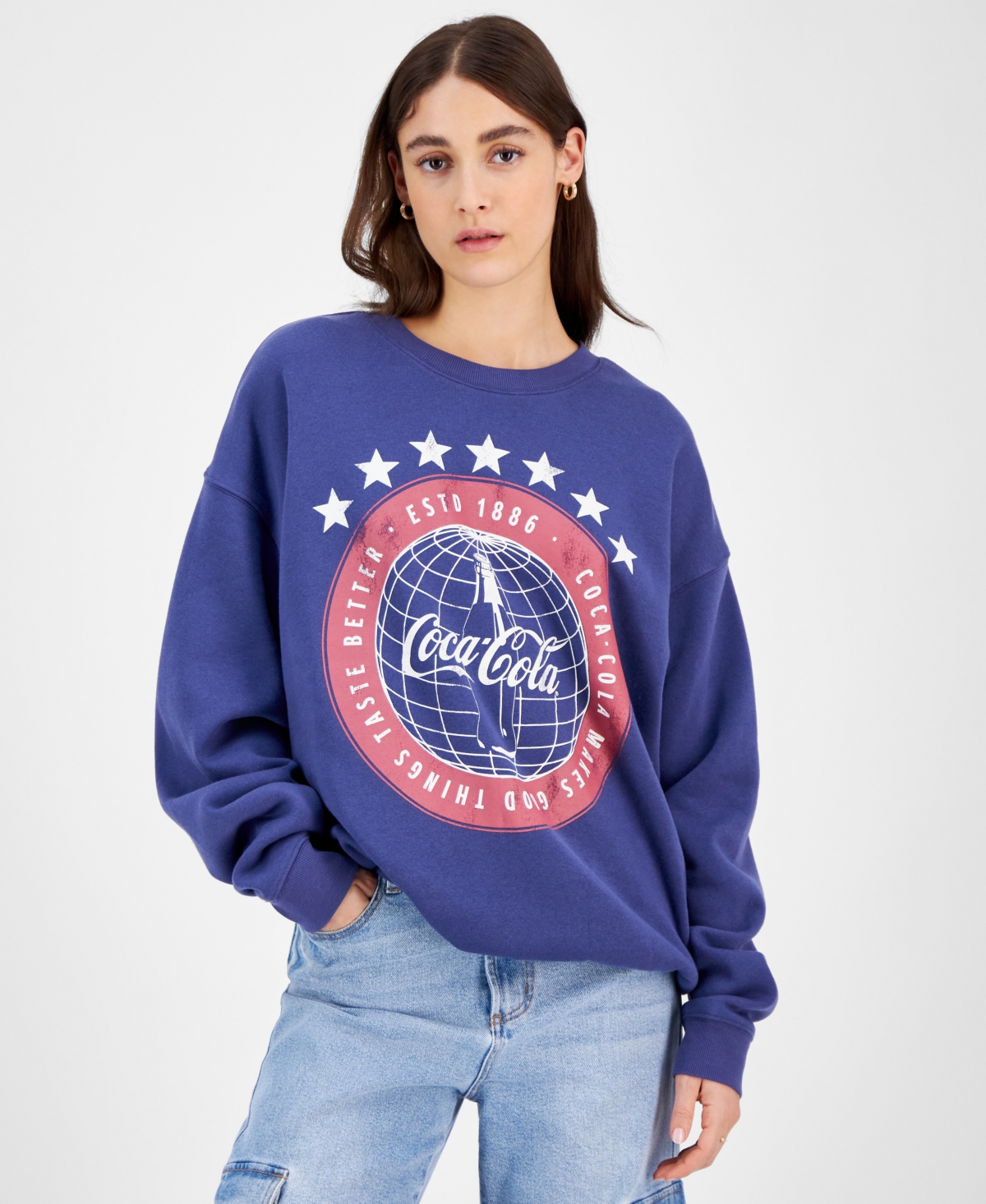 Juniors' Coca Cola Disco Crewneck Sweatshirt - Navy