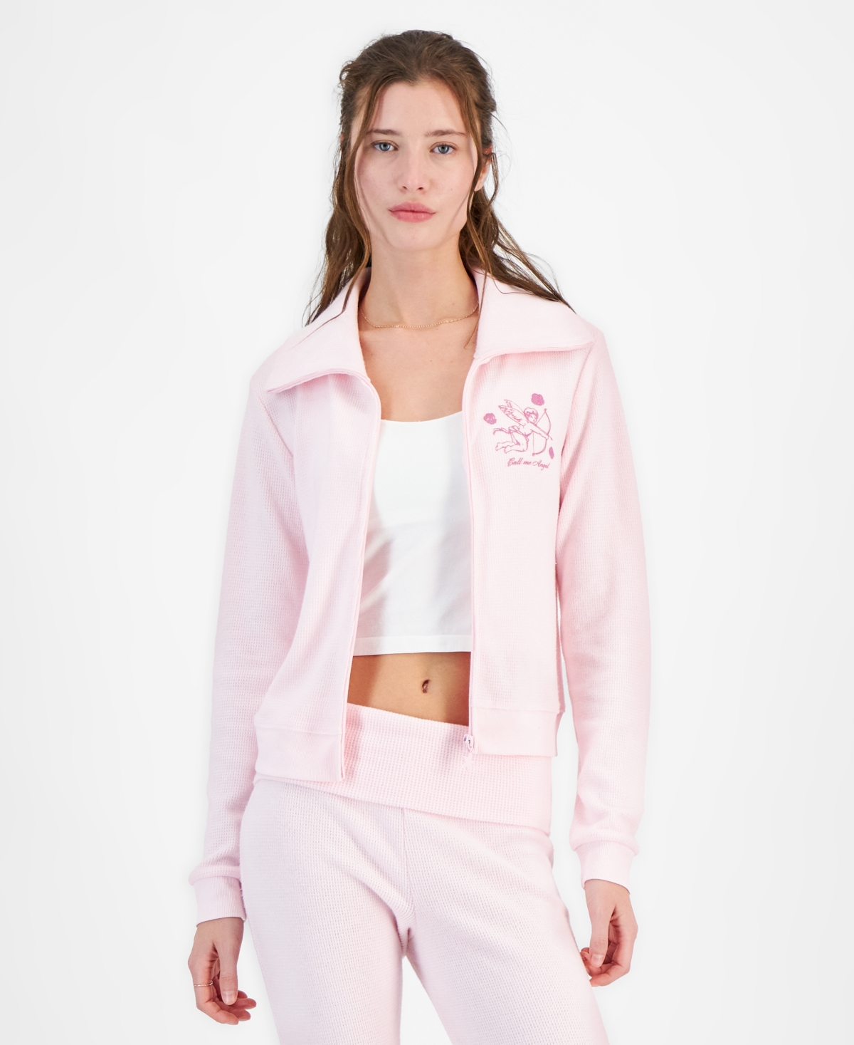 Juniors' Call Me Angel Cozy Waffle Knit Zip-Up Top - Ballet Slipper