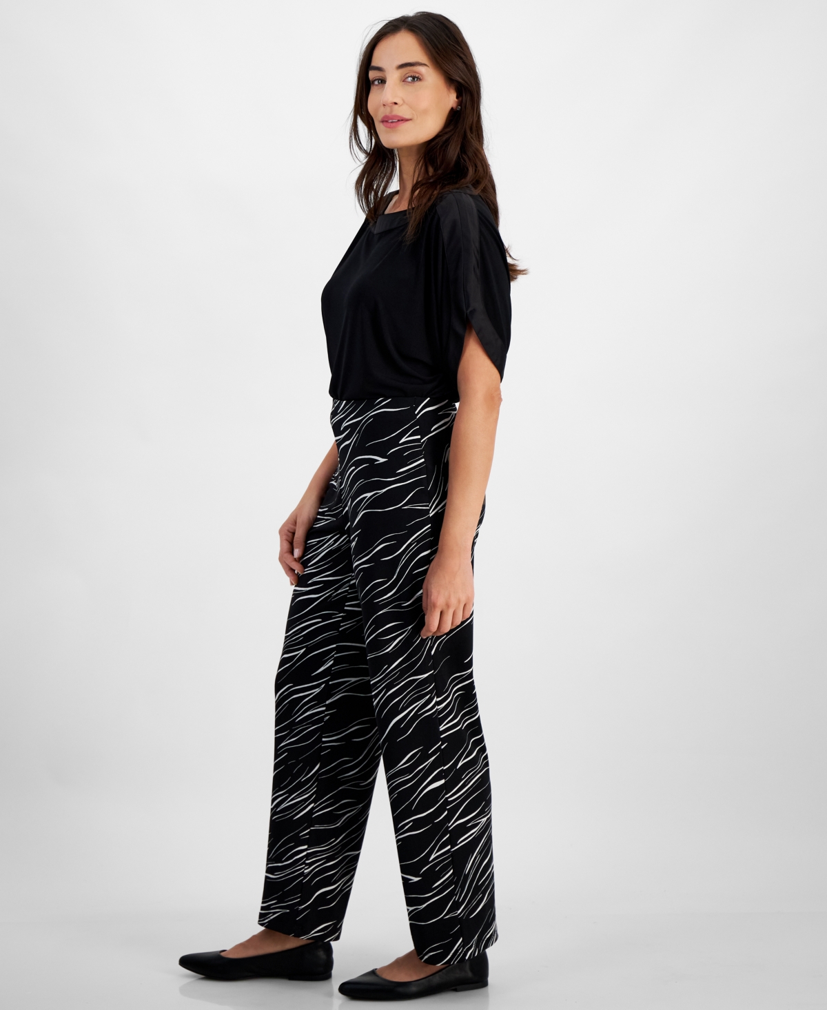 Jm Collection Petite Printed Wide-leg Pull-on Knit Pants, Created For Macy's In Deep Black