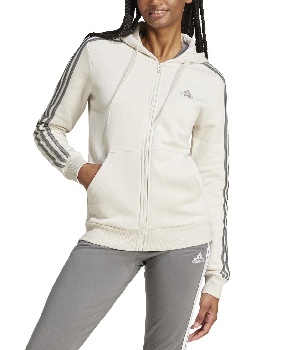 Adidas Originals Women's 3-stripe Cotton Fleece Full-zip Hoodie Sweatshirt In Alumina