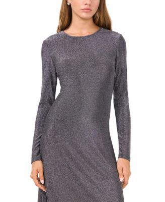 Women’s Round-Neck Long-Sleeve Metallic Midi Dress