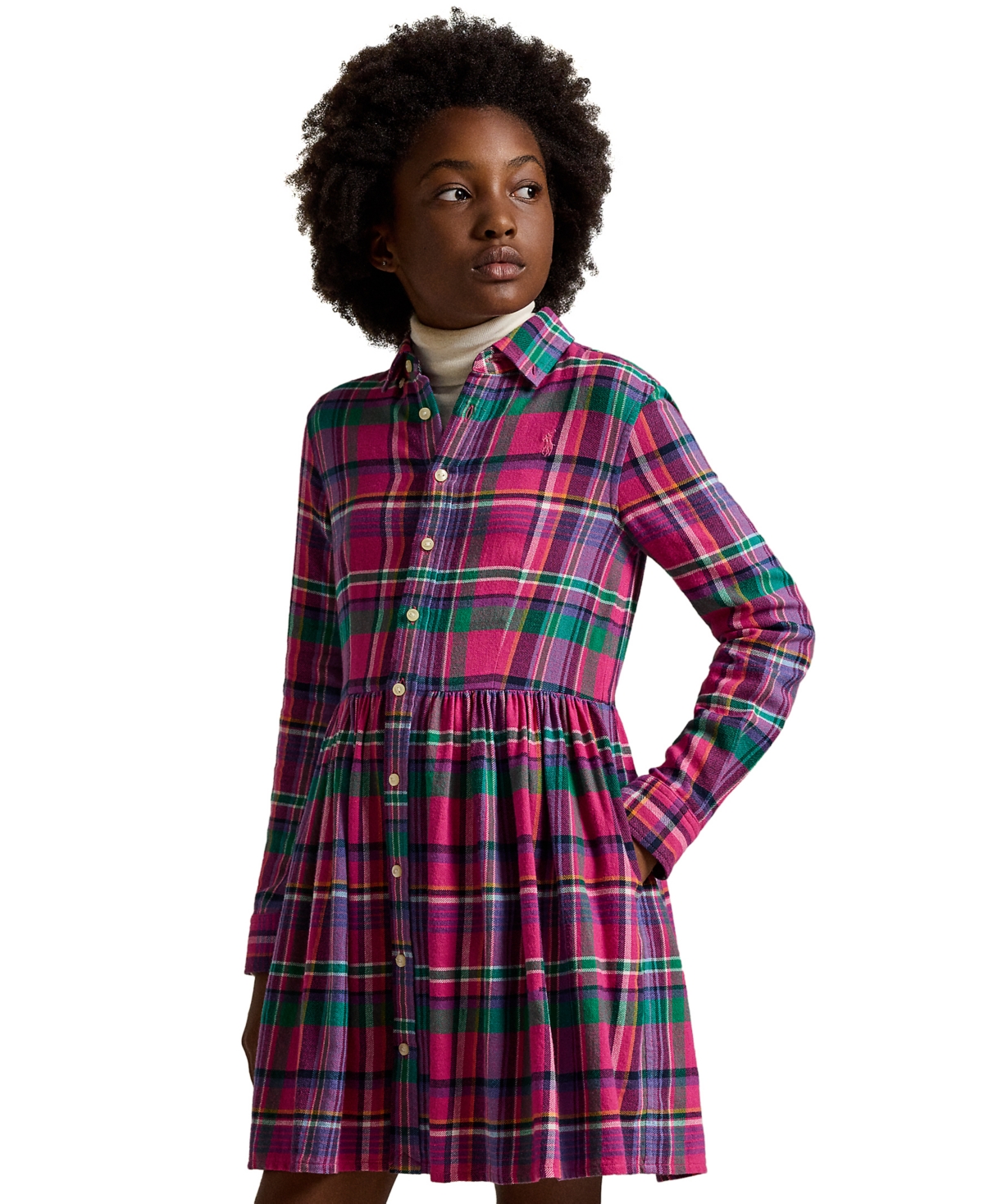 Polo Ralph Lauren Big Girls Plaid Cotton Twill Shirtdress - 142 PINK NAVY TWILL