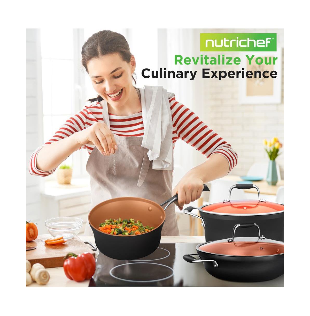 NutriChef Kitchenware Pots & Pans Set - Luxury Kitchen Cookware, 3 Layers Copper Non-Stick Coating Inside, Hard-Anodized Looking Heat Resistant Lacque