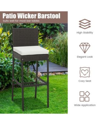 Set of 2 Patio Wicker Barstools with Seat Cushion and Footrest