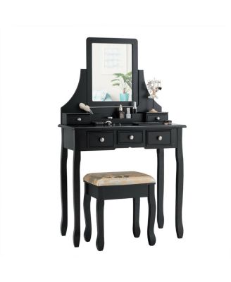 Makeup Vanity Set with Mirror and Cushioned Stool