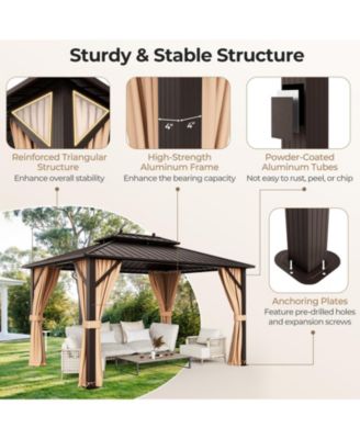 10x13ft Double-Roof Patio Hardtop Gazebo with Galvanized Steel Roof Netting and Curtains-Coffee