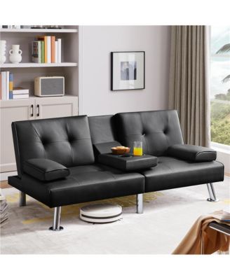 Faux Leather Convertible Futon Sofa Bed with 2 Throw Pillows & Drop-down Cup Holders Dark Brown