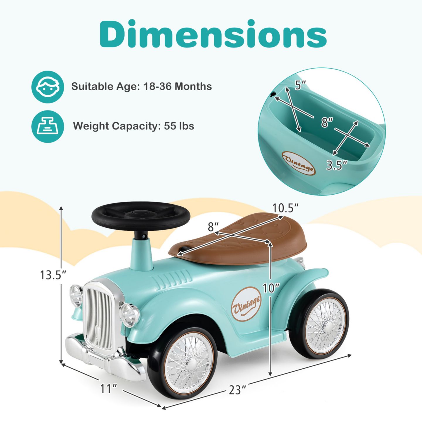 Детская игрушка Gymax 1930 Classic Retro Sit to Stand Ride-On Toy with Working Steering Wheel, 23"L x 10.5"W x 13.5"H, 55 lbs Capacity, Ages 18-36 Months, цвет: Коричневый, вариант 1 — фото 2